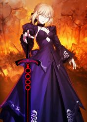 Rule 34 | 1girl, artoria pendragon (all), artoria pendragon (fate), black dress, blonde hair, breasts, cleavage, dark persona, detached sleeves, dress, excalibur morgan (fate), fate/grand order, fate (series), fire, holding, holding sword, holding weapon, looking at viewer, medium breasts, official art, open mouth, resized, saber alter, solo, sword, takeuchi takashi, upscaled, waifu2x, weapon, yellow eyes