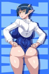 Rule 34 | 1girl, absurdres, adjusting clothes, adjusting swimsuit, ass, backboob, blue hair, breasts, demon girl, demon horns, glasses, green eyes, highres, horns, huge ass, large breasts, legs, looking at viewer, looking back, lv1 maou to one room yuusha, necktie, one-piece swimsuit, pointy ears, puckered lips, short hair, solo, swimsuit, thighs, wedgie, zenia (lv1 maou to one room yuusha)