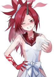 Rule 34 | 1girl, armpits, black horns, blue archive, blush, collarbone, cowboy shot, food, grin, halo, hand on own hip, highres, holding, holding food, horns, long hair, one eye closed, onigiri, pleated skirt, ponytail, red eyes, red hair, red halo, red sailor collar, renge (blue archive), sadamatsu ryuuichi, sailor collar, simple background, single horn, skirt, smile, solo, white background, white skirt