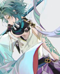 Rule 34 | 1boy, arm tattoo, armor, back cutout, black pants, closed mouth, clothing cutout, detached sleeves, facial mark, forehead mark, from below, from side, frown, genshin impact, green hair, highres, holding, holding polearm, holding weapon, jewelry, looking back, male focus, mayu mey, necklace, pants, pauldrons, pearl necklace, polearm, shirt, short hair, shoulder armor, sideways glance, simple background, single bare shoulder, single detached sleeve, single pauldron, sleeveless, sleeveless shirt, solo, spear, tattoo, weapon, white background, white shirt, wide sleeves, xiao (genshin impact), yellow eyes