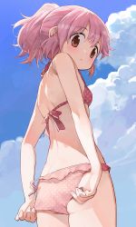 Rule 34 | 1girl, adjusting clothes, adjusting swimsuit, ass, bikini, blue sky, blush, breasts, closed mouth, cloud, commentary request, day, highres, hiroki (yyqw7151), kaname madoka, looking at viewer, mahou shoujo madoka magica, mahou shoujo madoka magica (anime), pink bikini, pink hair, polka dot, polka dot bikini, ponytail, red eyes, short hair, sky, small breasts, solo, swimsuit