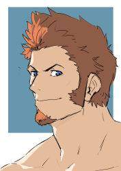 Rule 34 | 1boy, bare shoulders, beard, blue eyes, brown hair, close-up, closed mouth, facial hair, fate/grand order, fate (series), from side, goatee, highres, long sideburns, looking at viewer, male focus, monmonhomon, muscular, napoleon bonaparte (fate), sideburns, simple background, sketch, smile, solo, spiked hair, topless male, upper body