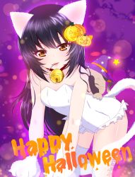 Rule 34 | 10s, 1girl, all fours, animal costume, animal ears, animal hands, bell, black hair, boots, brown eyes, candy, cat, cat costume, cat ears, cat tail, closed mouth, collar, commentary, english text, fake animal ears, fake tail, food, food in mouth, frilled leotard, frills, girls und panzer, gloves, hair ornament, halloween costume, happy halloween, heart, heart-shaped pupils, highres, jack-o&#039;-lantern, jack-o&#039;-lantern hair ornament, jingle bell, lens flare, leotard, lips, lollipop, long hair, looking at viewer, mouth hold, neck bell, pamchapyuzu, paw gloves, purple background, reizei mako, smile, solo, star (symbol), strapless, strapless leotard, symbol-shaped pupils, tail, thigh boots, thighhighs, white footwear, white leotard