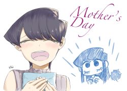 Rule 34 | 2girls, :d, ^ ^, black hair, blush, brother and sister, closed eyes, commentary, english text, facing viewer, hands on own chest, happy, happy tears, highres, komi-san wa komyushou desu, komi shouko, komi shuuko, mitsugu, mother&#039;s day, mother and daughter, mother and son, multiple girls, open mouth, short hair, siblings, simple background, smile, solo focus, tears, white background