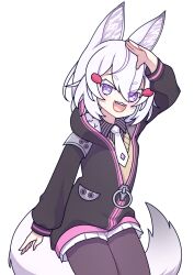 Rule 34 | 1girl, animal ears, cross (vgne4542), fox ears, fox girl, fox tail, highres, hood, looking at viewer, open mouth, pantyhose, phase connect, pink eyes, short hair, smile, solo, tail, teeth, tenma maemi, upper teeth only, virtual youtuber, white hair