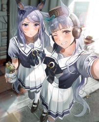 Rule 34 | 2girls, animal ears, aqua ribbon, black footwear, blunt bangs, bow, brown headwear, commentary request, cup, ear covers, ear ribbon, food, frilled skirt, frills, gold ship (umamusume), grey hair, grin, highres, holding, holding cup, horse ears, horse girl, horse tail, ice cream, light blush, long hair, mary janes, mejiro mcqueen (umamusume), multiple girls, one eye closed, outdoors, pillbox hat, pleated skirt, pout, puffy short sleeves, puffy sleeves, purple eyes, purple shirt, reaching, reaching towards viewer, ribbon, school uniform, selfie, shirt, shoes, short sleeves, skirt, smile, standing, sundae, swept bangs, tail, teeth, thighhighs, tipii, tracen school uniform, umamusume, white skirt, white thighhighs