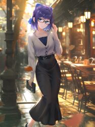 Rule 34 | 1girl, a-chan (hololive), absurdres, alternate costume, autumn, bag, belt, black-framed eyewear, black belt, black footwear, black skirt, blue bow, blue eyes, blue hair, blue shirt, bow, breasts, cafe, cardigan, chair, closed mouth, cohi27151463, commentary, day, falling leaves, feet out of frame, glasses, grey cardigan, hair bow, hair intakes, handbag, highres, holding, holding bag, hololive, lantern, leaf, long skirt, long sleeves, looking at viewer, outdoors, pencil skirt, shirt, short hair, skirt, small breasts, smile, solo, standing, table, virtual youtuber