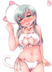 Rule 34 | 10s, 1girl, 2016, animal ears, bare shoulders, bell, neck bell, neck bell, blush, bra, breasts, cat cutout, cat ear panties, cat ears, cat lingerie, cat tail, choker, cleavage cutout, clothing cutout, collar, dated, fake animal ears, frilled bra, frills, full-face blush, green eyes, green hair, hair ornament, hairclip, half-closed eyes, highres, jingle bell, kanon (kurogane knights), kantai collection, large breasts, long hair, looking at viewer, matching hair/eyes, meme attire, navel, open mouth, panties, side-tie panties, simple background, smile, solo, stomach, suzuya (kancolle), tail, underwear, underwear only, white background, white bra, white panties
