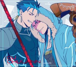Rule 34 | 2boys, abs, armor, bad id, bad pixiv id, beads, blue hair, bodysuit, capelet, character name, closed mouth, cu chulainn (caster) (fate), cu chulainn (fate), cu chulainn (fate/stay night), earrings, fate/grand order, fate/stay night, fate (series), fur-trimmed hood, fur trim, gae bolg (fate), grin, hair beads, hair ornament, hood, hood up, hooded capelet, jewelry, long hair, looking at viewer, male focus, mineco000, multiple boys, multiple persona, muscular, pauldrons, pectorals, ponytail, red eyes, shoulder armor, skin tight, smile, spiked hair, staff, twitter username, type-moon