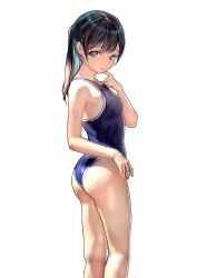 Rule 34 | absurdres, ass, bare legs, black hair, blue one-piece swimsuit, breasts, emutsuichi, feet out of frame, highres, light smile, long hair, looking at viewer, looking to the side, one-piece swimsuit, original, ponytail, simple background, small breasts, swimsuit, white background