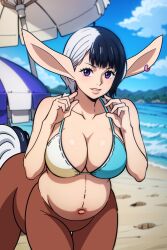 Rule 34 | ai-assisted, bikini, bikini top only, centaur, highres, large ears, one piece, pinup (portrait), pregnant, purple eyes, short hair, speed (one piece), stomach, swimsuit, taur