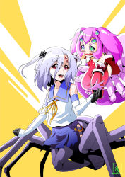 Rule 34 | 10s, 2girls, arachne, arthropod girl, carapace, colored sclera, detached sleeves, extra eyes, eyes visible through hair, green eyes, hair ornament, insect girl, light purple hair, monster girl, monster musume no iru nichijou, multiple girls, multiple legs, open mouth, pink eyes, pink hair, purple sclera, rachnera arachnera, s-now, school uniform, signature, small breed (monster musume), spider girl, taur, twintails, wavy mouth, aged down