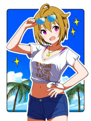 Rule 34 | 1girl, ahoge, bare arms, blue-tinted eyewear, blue shorts, collarbone, cowboy shot, eyewear on head, hand on own hip, highres, ibuki tsubasa, idolmaster, idolmaster million live!, idolmaster million live! theater days, jewelry, light brown hair, looking at viewer, midriff, navel, necklace, outline, print shirt, shirt, short hair, short shorts, short sleeves, shorts, solo, standing, star (symbol), star necklace, stomach, sunglasses, tied shirt, tinted eyewear, trinitro t, white outline, white shirt