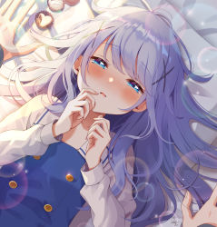 Rule 34 | 1girl, bed sheet, blue eyes, blue hair, blush, chocolate, commentary, food, from above, gochuumon wa usagi desu ka?, hair ornament, hair spread out, half-closed eyes, highres, kafuu chino, kafuu chino&#039;s school uniform, light blue hair, long hair, long sleeves, looking at viewer, lying, mozukun43, nose blush, on back, on bed, parted lips, pillow, pov, pov hands, school uniform, solo focus, sweets, upper body, x hair ornament