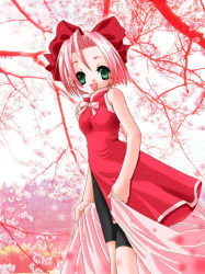 Rule 34 | 1girl, :d, artist request, bow, cherry blossoms, dress, female focus, flower, green eyes, hair bow, haruno sakura, looking at viewer, naruto, naruto (series), open mouth, parted lips, pink hair, pink ribbon, plant, red bow, red dress, ribbon, shorts, sleeveless, sleeveless dress, smile, solo, standing, tree