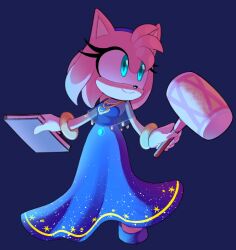 Rule 34 | 1girl, alternate eye color, amy rose, animal ears, animal nose, blue background, blue dress, blue eyes, blue footwear, blue gemstone, book, bracelet, breasts, closed mouth, commentary, dress, english commentary, eyelashes, full body, furry, furry female, gem, gloves, gold bracelet, hairband, hammer, hands up, heart, heart necklace, hedgehog ears, hedgehog girl, highres, holding, holding book, holding hammer, holding weapon, jewelry, looking to the side, medium breasts, necklace, pink fur, purple hairband, shoes, simple background, sleeveless, sleeveless dress, smile, solo, sonic (series), standing, star (symbol), star print, toonsite, weapon, white gloves, yellow gemstone