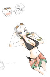 Rule 34 | 1girl, bare shoulders, beard, bikini, blue eyes, blush, bracelet, breasts, cleavage, earrings, eyepatch, closed eyes, facial hair, highres, ines lorenzen, jewelry, lips, midriff, navel, necklace, open mouth, short hair, sunglasses, sunglasses on head, swimsuit, tales of (series), tales of hearts, white hair