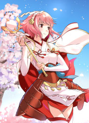 Rule 34 | 1girl, armored skirt, breasts, brown eyes, capelet, cherry blossoms, cowboy shot, day, elbow gloves, fire emblem, fire emblem fates, gloves, gohei, hairband, highres, japanese clothes, medium breasts, misu kasumi, nintendo, nontraditional miko, outdoors, petals, pink hair, sakura (fire emblem), short hair, smile, solo, staff, thighhighs, thighs, white gloves, white thighhighs, wind