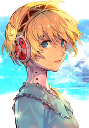 Rule 34 | 1girl, aegis (persona), blonde hair, blue dress, blue eyes, day, dress, from side, headphones, hungry clicker, lips, looking at viewer, outdoors, persona, persona 3, portrait, profile, short hair, sky, solo