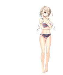 Rule 34 | 1girl, bare legs, bare shoulders, barefoot, bikini, blonde hair, blue eyes, breasts, cleavage, crossed arms, full body, hair ribbon, highres, hoshi ori yume mirai, jewelry, koizumi amane, looking at viewer, navel, necklace, non-web source, okihara misa, ribbon, short hair, smile, solo, striped bikini, striped clothes, swimsuit, transparent background