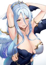 Rule 34 | 1girl, absurdres, angel wings, armlet, armpits, arms up, bare shoulders, blue hair, blush, breasts, cleavage, covered erect nipples, crown, demon wings, dress, equal (heartstrings), fang, from above, hair between eyes, head wings, highres, hip vent, jewelry, large breasts, long hair, mole, mole on breast, mole under eye, multicolored eyes, necklace, original, skin fang, wings