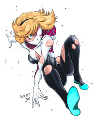 Rule 34 | 1girl, animification, artist name, blonde hair, blue eyes, bodysuit, breasts, cleavage, dated, gwen stacy, hairband, hood, hooded bodysuit, hoodie, injury, marvel, mask, medium breasts, medium hair, mouth mask, signature, solo, spider-gwen, torn clothes, yoko (chan360)