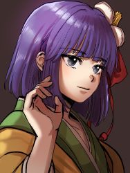 Rule 34 | blunt bangs, bow, bowl cut, closed mouth, eyelashes, flower, green kimono, grey background, hair flower, hair ornament, hand in own hair, hieda no akyuu, highres, japanese clothes, kimono, kuya (hey36253625), long sleeves, looking away, purple eyes, purple hair, red bow, red ribbon, ribbon, short hair, simple background, smile, touhou, upper body, yellow kimono