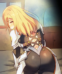 Rule 34 | 1girl, armor, ass, blonde hair, blush, bodysuit, breasts, from behind, gauntlets, hisaki, kisara (tales), long hair, looking at viewer, looking back, shiny clothes, sideboob, skin tight, solo, tales of (series), tales of arise