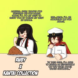Rule 34 | 2girls, admiral (kancolle) (cosplay), akagi (kancolle), black hair, brown hair, cape, closed eyes, cosplay, crossover, curry, curry rice, eating, english text, female admiral (kancolle), female admiral (kancolle) (cosplay), food, gradient background, hat, japanese clothes, kantai collection, long hair, military, military uniform, multiple girls, naval uniform, plate, red hair, rice, ruby rose, rukotaro, rwby, short hair, spoon, uniform