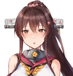 Rule 34 | 1girl, blush, breasts, brown eyes, collar, hair between eyes, hair intakes, headgear, kansho (stm 735), kantai collection, large breasts, long hair, looking at viewer, metal collar, navel, ponytail, simple background, solo, upper body, white background, yamato (kancolle)