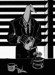 Rule 34 | 1boy, coat, coffee filter, coffee pot, collared shirt, holding coffee pot, limbus company, long sleeves, male focus, maskv, object head, origami, paper chairman, paper crane, project moon, shirt, solo, striped clothes, striped shirt, window blinds, wing collar