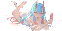 Rule 34 | 1girl, alice (s7nsles), bare legs, barefoot, blue eyes, blue hair, blush, breasts, commentary, crossed arms, english commentary, feet, food, hair between eyes, highres, holding, holding food, holding popsicle, horns, large breasts, long hair, looking at viewer, lucadark art, lying, melting, multicolored hair, nail polish, on stomach, oni, oni horns, open mouth, original, panties, pink hair, pink nails, pointy ears, popsicle, shirt, simple background, solo, teeth, the pose, tongue, tongue out, two-tone hair, underwear, very long hair, white background, white panties, white shirt