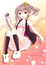 Rule 34 | 1boy, akaimo satsuma, bad id, bad pixiv id, bow, brown hair, crossdressing, crown, dress, english text, fang, full body, goma (11zihisin), gradient background, hair bow, highres, long hair, male focus, microphone, open mouth, original, platform footwear, ponytail, red eyes, ribbon, skirt, smile, solo, trap