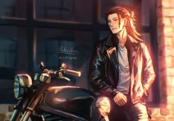 Rule 34 | 1boy, artist name, black hair, black jacket, black pants, brown eyes, building, collared jacket, commentary, day, earrings, english commentary, getou suguru, hair bun, hand in pocket, highres, jacket, jewelry, jujutsu kaisen, lapels, long hair, long sleeves, looking to the side, male focus, motor vehicle, motorcycle, necklace, on motorcycle, open clothes, open jacket, outdoors, pants, parted lips, ring, ring necklace, shirt, signature, single hair bun, sitting, smile, solo, sunlight, v-neck, white shirt, window, yulicechan