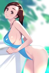 Rule 34 | 1girl, blue one-piece swimsuit, blurry, blurry background, breasts, brown eyes, brown hair, commentary request, day, dytm, from side, highleg, highleg swimsuit, large breasts, leaning forward, long hair, looking at viewer, one-hour drawing challenge, one-piece swimsuit, open mouth, original, outdoors, parted lips, ponytail, pool monitor part-timer (dytm), smile, solo, swimsuit, thighs