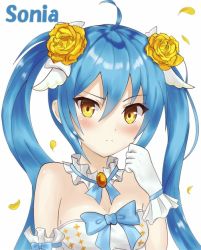 Rule 34 | 1girl, ahoge, bare arms, bare shoulders, blue hair, breasts, cleavage, hair between eyes, hair ribbon, halterneck, king&#039;s raid, long hair, looking at viewer, ribbon, simple background, small breasts, solo, sonia (king&#039;s raid), star (symbol), swimsuit, twintails, upper body, white background