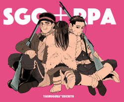 Rule 34 | 1girl, 2boys, absurdres, artist name, asirpa, boots, coat, commentary request, crossed legs, erichiyo op, fur coat, golden kamuy, gun, hat, highres, holding, holding weapon, hug, long hair, military hat, military uniform, multiple boys, ogata hyakunosuke, pink background, rifle, scar, scar on face, scarf, sugimoto saichi, uniform, weapon