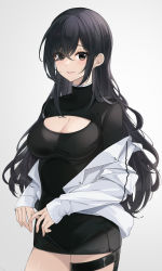 Rule 34 | 1girl, absurdres, black hair, black shirt, black skirt, breasts, brown eyes, cleavage, cleavage cutout, clothing cutout, commentary, eyes visible through hair, grey background, hair over one eye, highres, jacket, lebring, long hair, long sleeves, looking at viewer, off shoulder, open clothes, open jacket, original, parted lips, shirt, simple background, skirt, sleeves past wrists, smile, solo, symbol-only commentary, very long hair, white jacket