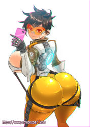 Rule 34 | 1girl, ass, back, breasts, brown hair, cellphone, chromatic aberration, goggles, highres, huge ass, huge breasts, overwatch, overwatch 1, phone, rebis, selfie, short hair, smile, solo, tracer (overwatch)