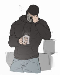 Rule 34 | 1boy, absurdres, black hoodie, blue pants, call of duty, call of duty: modern warfare 2, cup, ghost (modern warfare 2), highres, holding, holding cup, hood, hood down, hoodie, male focus, mask, muscular, muscular male, pants, simple background, skull mask, solo, white background, wormlonde