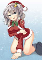 Rule 34 | 10s, 1girl, all fours, bad id, bad pixiv id, blue eyes, breasts, hat, kankitsunabe (citrus), kantai collection, kashima (kancolle), large breasts, santa costume, santa hat, silver hair, skirt, unworn skirt, solo, twintails