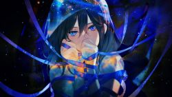 Rule 34 | 1girl, achiki, bare shoulders, black hair, blue eyes, blue ribbon, blue theme, covered mouth, covering own mouth, entangled, hair between eyes, hand over own mouth, hands up, head tilt, light particles, long sleeves, looking at viewer, medium hair, original, ribbon, sleeveless, solo, spaghetti strap, starry sky print, upper body, veil