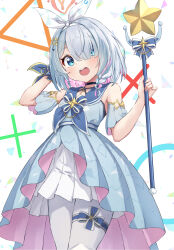 Rule 34 | 1girl, arona (blue archive), black choker, blue archive, blue dress, blue eyes, blue hair, blue sleeves, blush, braid, choker, colored inner hair, detached sleeves, dress, hair over one eye, halo, highres, holding, holding wand, looking at viewer, matsu520, md5 mismatch, multicolored hair, open mouth, pantyhose, pink hair, red halo, short hair, single braid, solo, star (symbol), wand, white dress, white pantyhose
