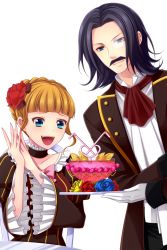 Rule 34 | 07th expansion, 1boy, 1girl, ascot, beatrice (umineko), black hair, blonde hair, blue eyes, blue flower, blue rose, choker, drink, drinking straw, facial hair, flower, gloves, hair bun, hair flower, hair ornament, heart, highres, ice, ice cube, monocle, mustache, no naku koro ni (series), open mouth, ronove (umineko), rose, single hair bun, smile, table, transparent background, umineko no naku koro ni, uzu hi, white gloves, wide sleeves, yellow flower, yellow rose