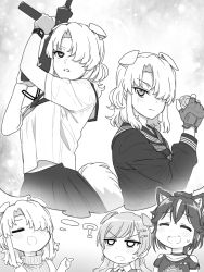 Rule 34 | 3girls, :d, ?, animal ear fluff, animal ears, blush, choker, closed eyes, closed mouth, clothing cutout, collarbone, commentary request, fang, fingerless gloves, gloves, greyscale, gun, hair ornament, hair over one eye, hairclip, holding, holding gun, holding weapon, long hair, long sleeves, looking at viewer, monochrome, multiple girls, neckerchief, open mouth, original, parted lips, pleated skirt, ribbed sweater, sailor collar, school uniform, serafuku, short sleeves, shoulder cutout, skirt, sleeveless, sleeveless sweater, sleeveless turtleneck, smile, sweat, sweater, tail, tonbi, turtleneck, upper body, v-shaped eyebrows, weapon