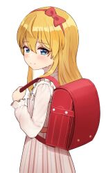 Rule 34 | 1girl, absurdres, backpack, bag, blonde hair, blue eyes, blush, bow hairband, dress, floris (saber13), hairband, highres, idolmaster, idolmaster million live!, looking at viewer, looking to the side, randoseru, red bag, red hairband, shinomiya karen, simple background, smile, solo, striped clothes, striped dress, vertical-striped clothes, vertical-striped dress, white background
