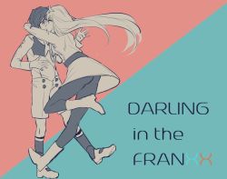 Rule 34 | 10s, 1boy, 1girl, bad id, bad twitter id, boots, commentary request, couple, darling in the franxx, face-to-face, facing another, forehead-to-forehead, hair ornament, hairband, heads together, hetero, hiro (darling in the franxx), horns, kiss, long hair, long sleeves, looking at another, military, military uniform, monochrome, necktie, oni horns, pantyhose, shoes, short hair, socks, uniform, urii (uri), zero two (darling in the franxx)