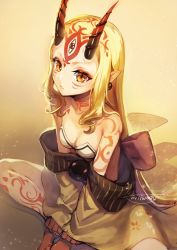 Rule 34 | 1girl, bad id, bad pixiv id, bare shoulders, blonde hair, breasts, brown background, brown kimono, cleavage, closed mouth, collarbone, colored skin, earrings, expressionless, eyeshadow, facial tattoo, fate/grand order, fate (series), floral print, goqgoq, gradient background, highres, horns, ibaraki douji (fate), japanese clothes, jewelry, kimono, long hair, long sleeves, looking at viewer, makeup, multicolored skin, off shoulder, oni, oni horns, pointy ears, print kimono, red skin, sash, sidelocks, signature, sitting, small breasts, solo, straight hair, tattoo, very long hair, wide sleeves, yellow background, yellow eyes