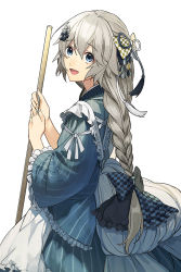 Rule 34 | 1girl, apron, blue eyes, bow, braid, checkered bow, checkered clothes, commentary, frilled apron, frilled sleeves, frills, grey hair, hair bow, hair ornament, holding, japanese clothes, kimono, long hair, looking back, maid, open mouth, original, sando (310 sand), sidelocks, smile, solo, striped clothes, striped kimono, vertical-striped clothes, vertical-striped kimono, wa maid, white background