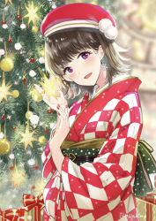 Rule 34 | 1girl, :d, beret, black hair, blurry, blurry background, blush, box, christmas, christmas ornaments, christmas tree, commentary request, depth of field, earrings, gift, gift box, hands up, hat, japanese clothes, jewelry, kimono, long sleeves, miyabi akino, open mouth, original, purple eyes, red hat, smile, snowflake earrings, solo, twitter username, upper body, wide sleeves